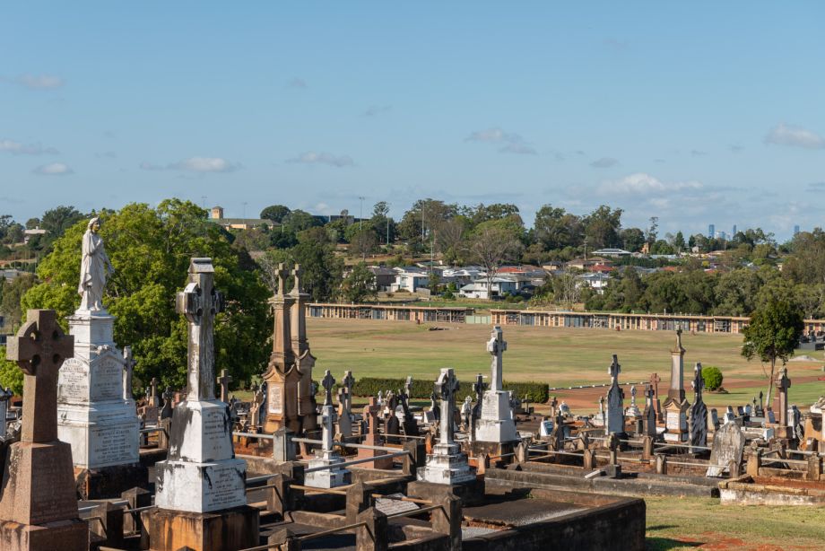 Nudgee Cemetery Graves and Burial Grounds - Family Chapels pictured in background.